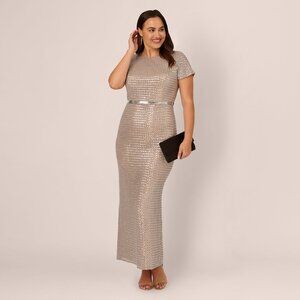 Adrianna Papell Plus Size Sequin Short Sleeve Gown With Embellished Waist ~ NWT